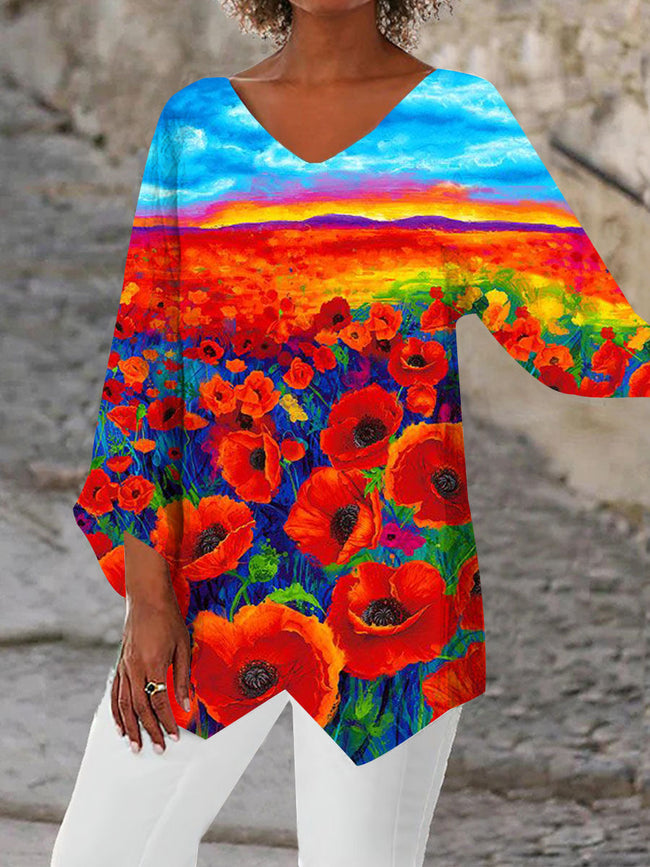 Women's Red Poppy print  Asymmetric Blouses Tops