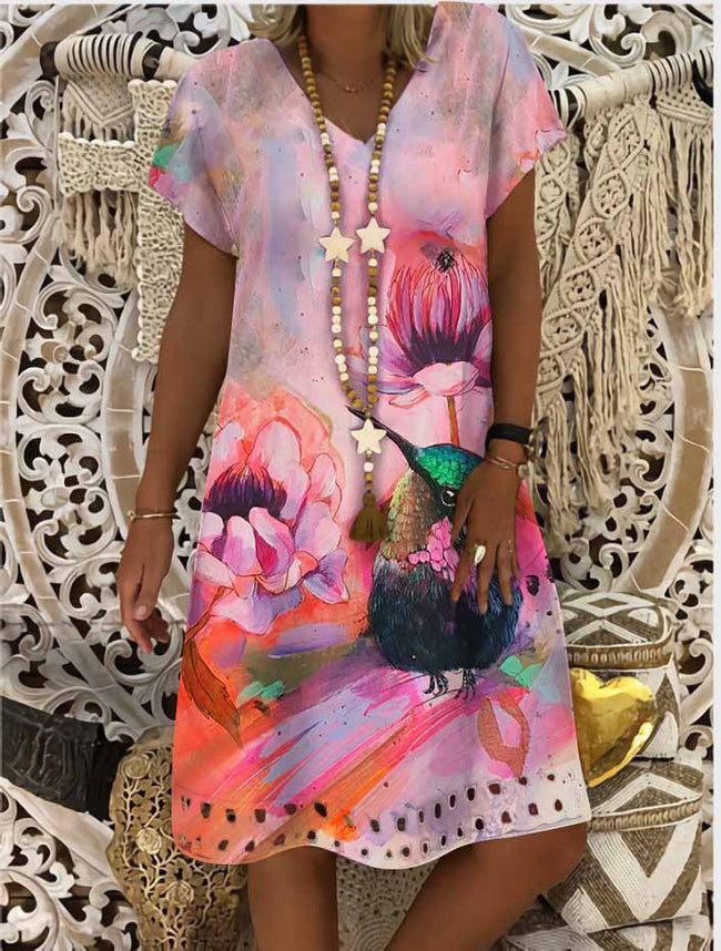 Women's Retro Hummingbird Print Casual V Neck Dress