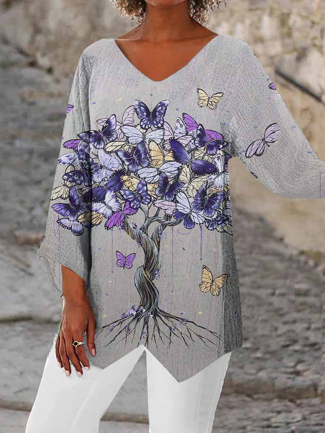 Women's Butterfly of Tree Print Vintage Casual Top