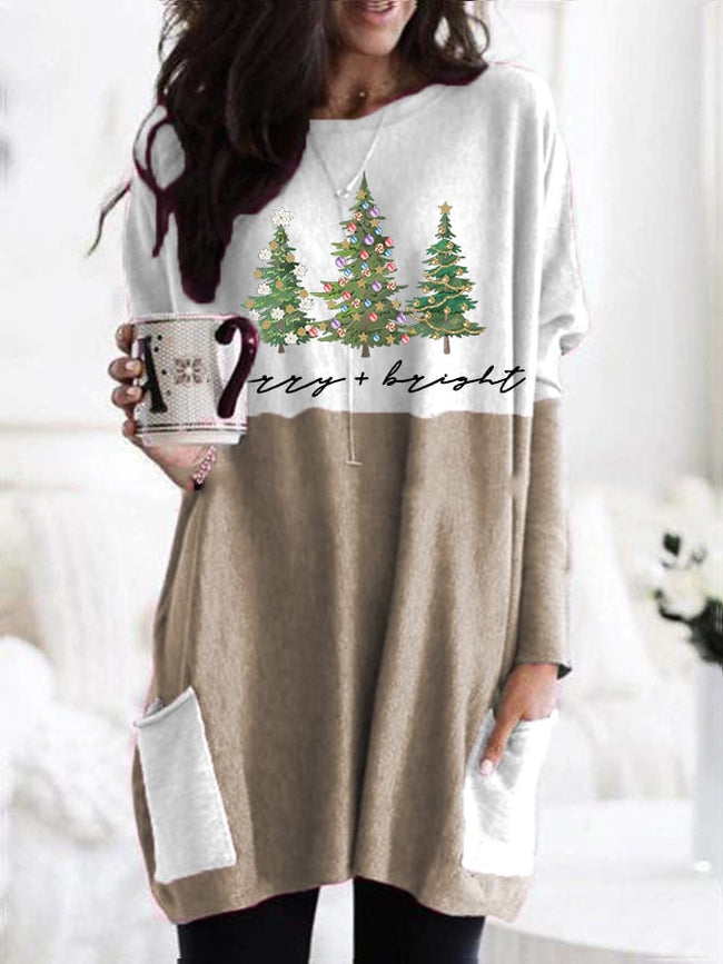 Merry And Bright Christmas Print Long Sleeve Casual Top