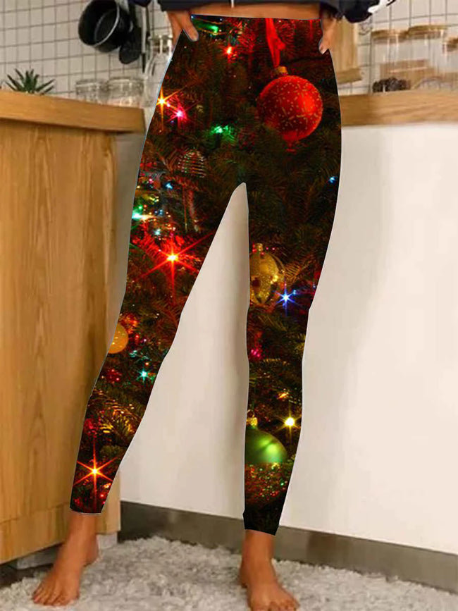 Women's Vintage Christmas Lights Print Casual Stretch Pants