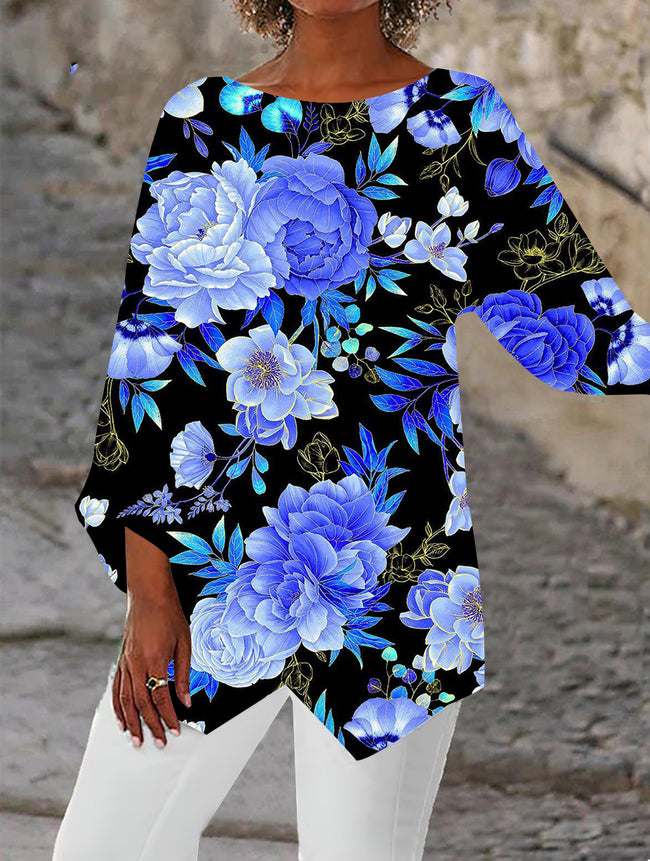 Women's Art Blue Floral Printed Print Casual Top