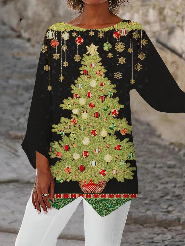 Women's Vintage Christmas Tree Print Casual Top