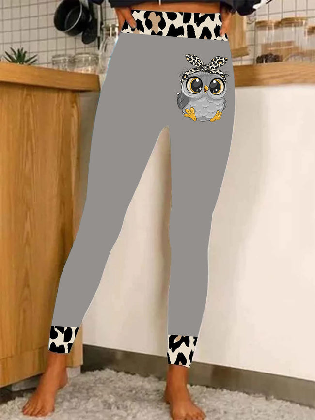 Women's Art Print Leopard Owl Casual Stretch Pants