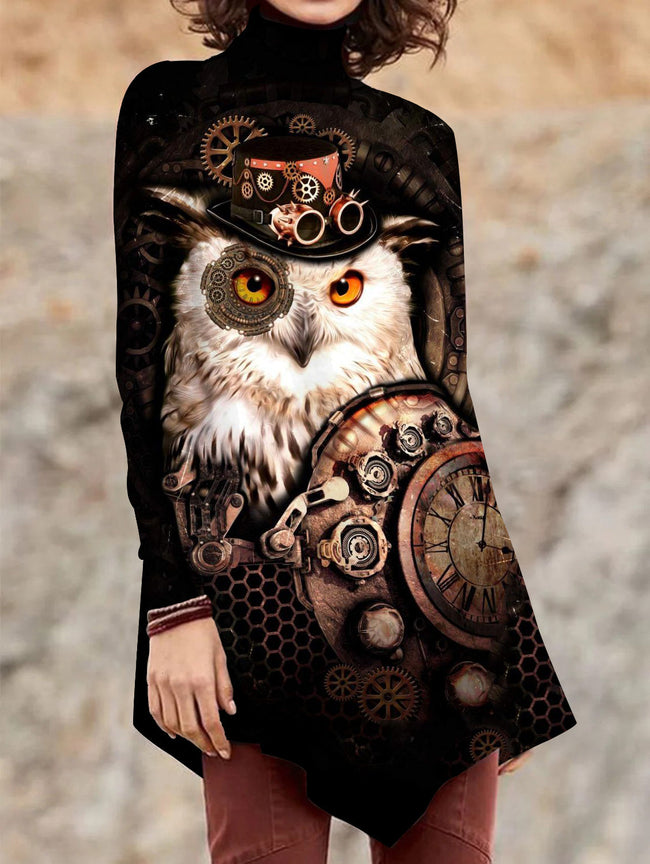Women's  Owl Print  Asymmetrical Turtleneck Tunic Tops