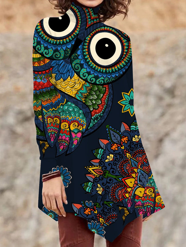 Women's  Owl Print  Asymmetrical Turtleneck Tunic Tops