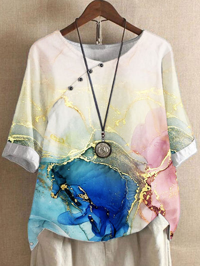 Round Neck Casual Loose Hot Stamping Print Short Sleeve Blouse