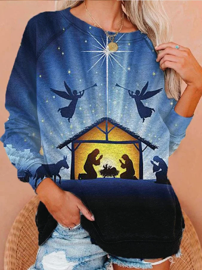 Women'S Nativity Print Crew Neck Sweatshirt