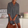 Comstylish Vintage Plain V Neck Button Pocket Long Sleeve Mini Dress