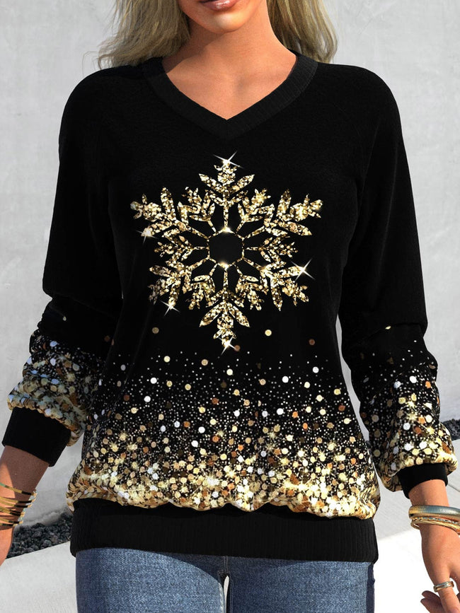 Snowflake Print V Neck Black Long Sleeve Sweatshirt
