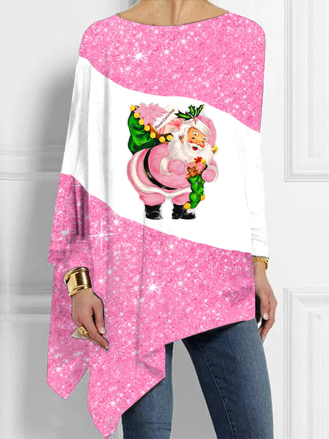 Women's Pink Christmas Print  Asymmetrical Crew Neck Tunic Tops