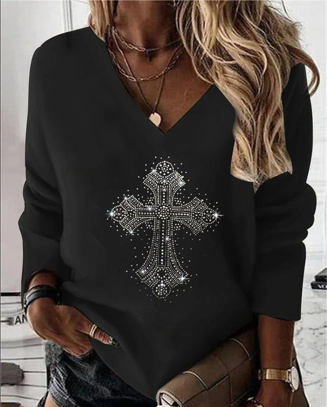 Women's  christmas jesus  Print V Neck  Long Sleeve blouse