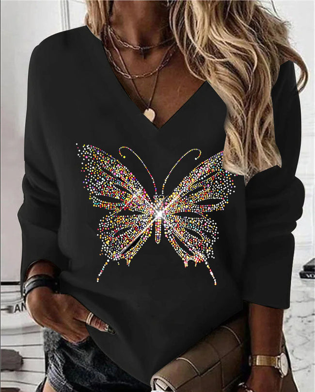 Women's Butterfly  Print V Neck  Long Sleeve blouse