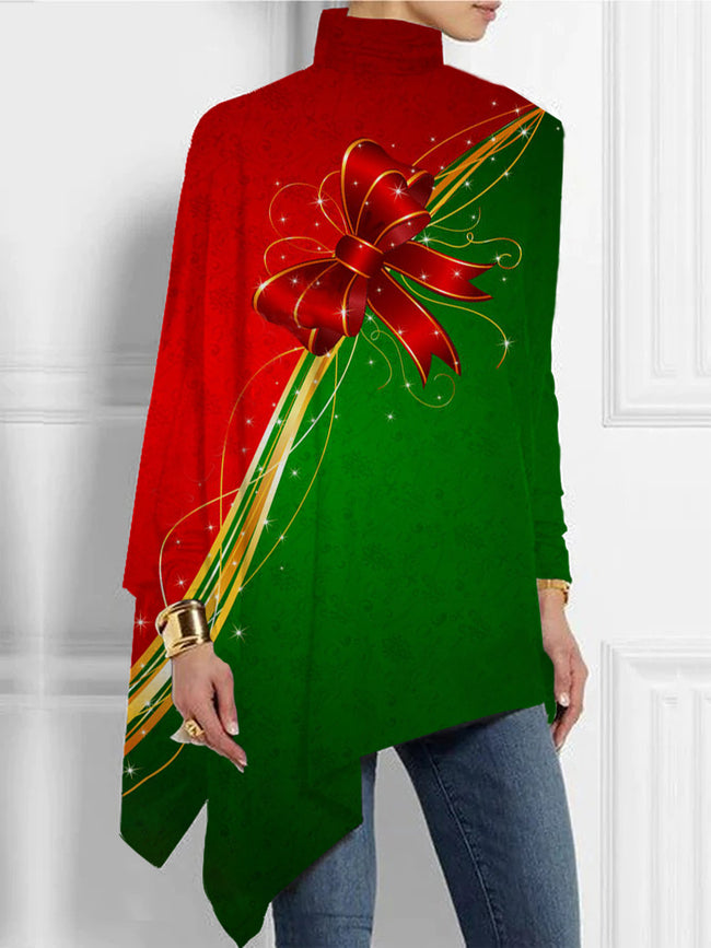 Women's Christmas Print  Asymmetrical Turtleneck Tunic Tops