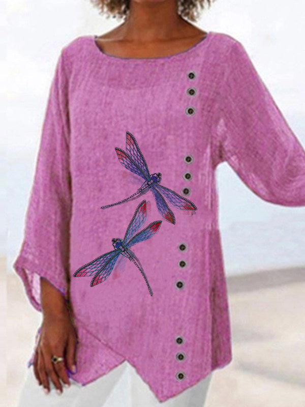 Casual printed dragonfly Paneled V Neck Solid 3/4 Sleeve Shirts & Tops