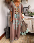 Vintage Loose V-Neck Bohemian Circle Print Midi Dress