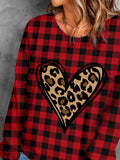 Casual Heart Leopard Red Plaid Print Sweatshirt