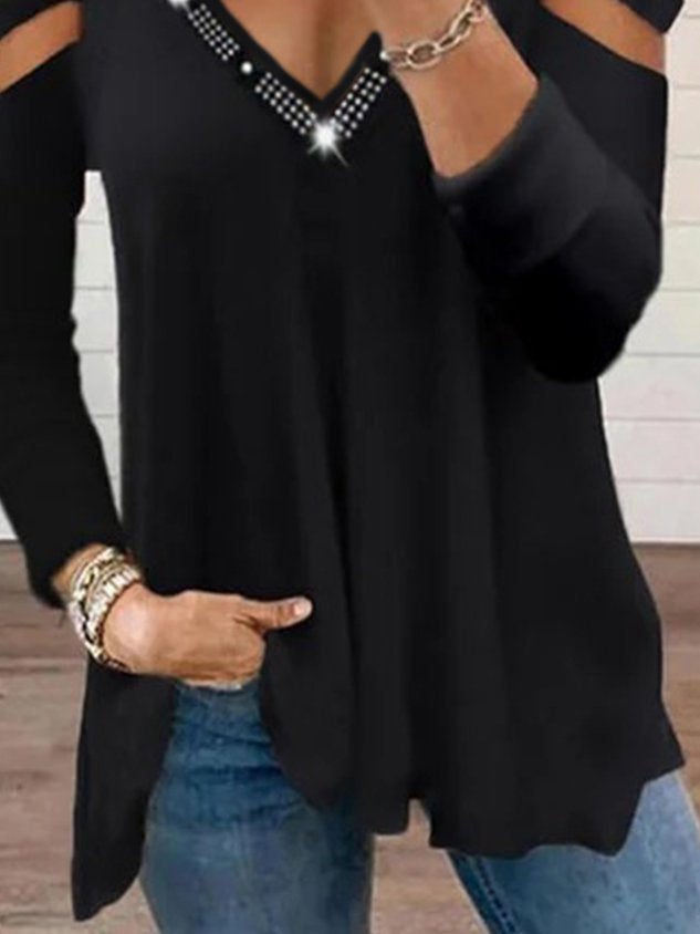 Vintage Solid Eyelet Hotfix V Neck Long Sleeves Plus Size Casual Tops