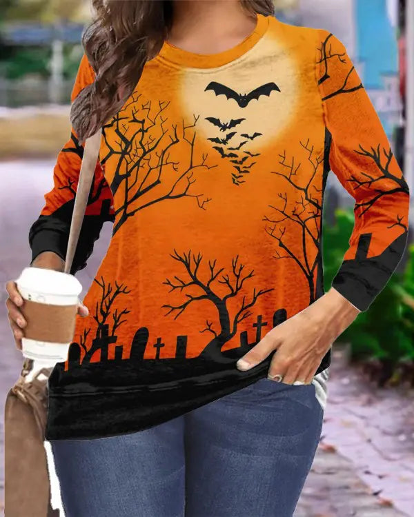 Plus Size Halloween Graphic Print Long Sleeve Top