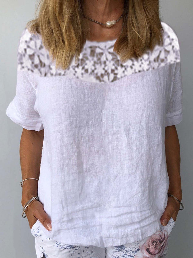 Solid Linen Lace Short Sleeve Crewneck T-Shirt