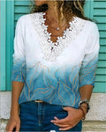 Women's Print Lace V-neck Short Sleeve Tops