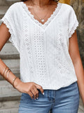 V Neck Casual Lace Short Sleeve T-Shirt