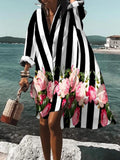 Comstylish Casual Striped Floral-Print Midi Dress