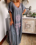 Vintage Loose V-Neck Bohemian Circle Print Midi Dress