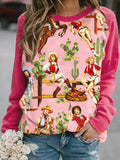 Western Retro Patchwork Sleeve Crew Neck Sweatshirt