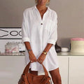 Comstylish Vintage Plain V Neck Button Pocket Long Sleeve Mini Dress