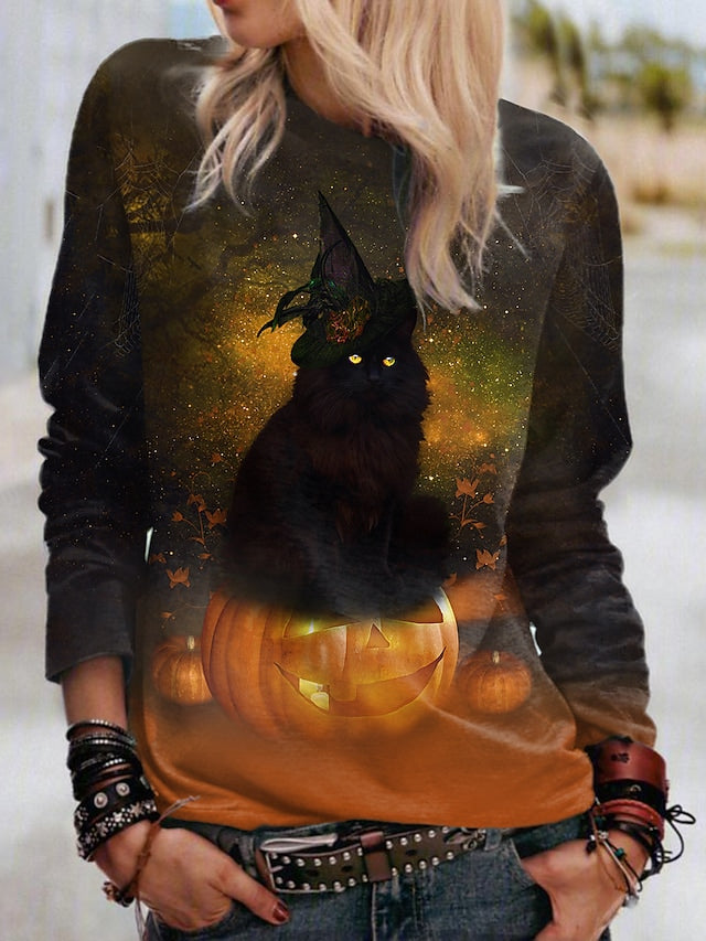 Women's Sweatshirt Pullover Cat Pumpkin Print Top