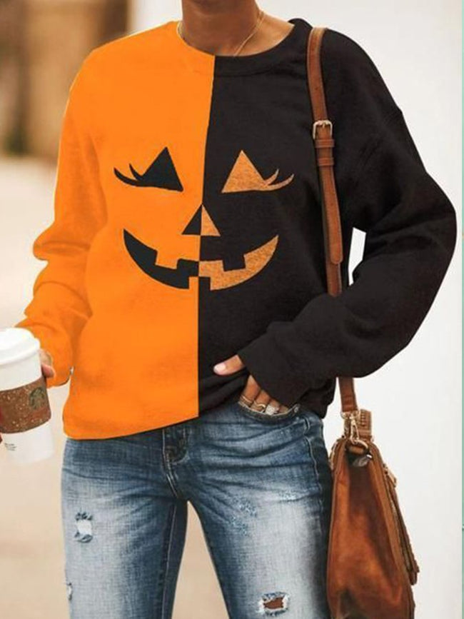 Women's Halloween Pumpkin Smiley Print Sweatshirt