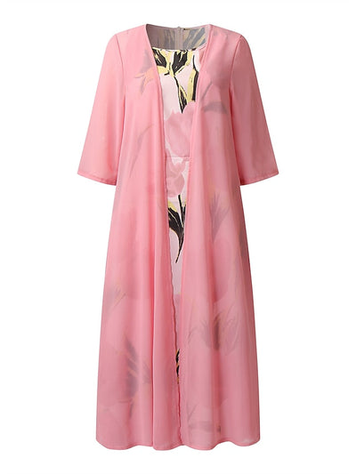 Women's Dress Set Two Piece Dress Midi Dress Pink Green Gray 3/4 Length Sleeve Floral Ruched Winter Fall Spring Crew Neck Elegant 2023 S M L XL XXL 3XL