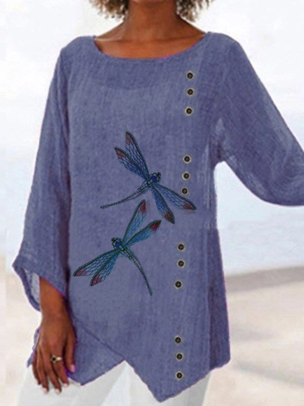 Casual printed dragonfly Paneled V Neck Solid 3/4 Sleeve Shirts & Tops