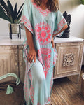 Vintage Loose V-Neck Bohemian Circle Print Midi Dress