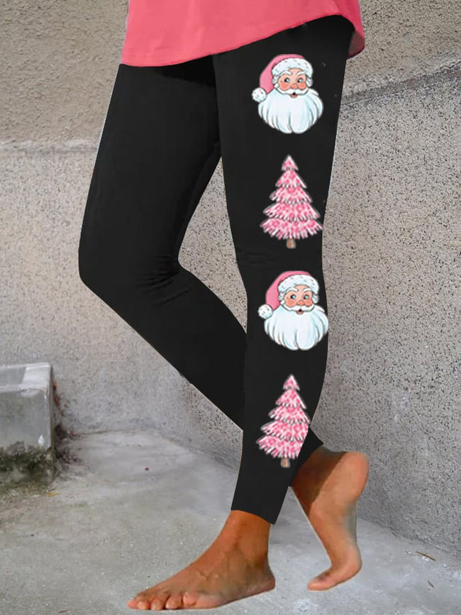 Women's Pink Santa Claus Christmas Tree Print Stretch Leggings