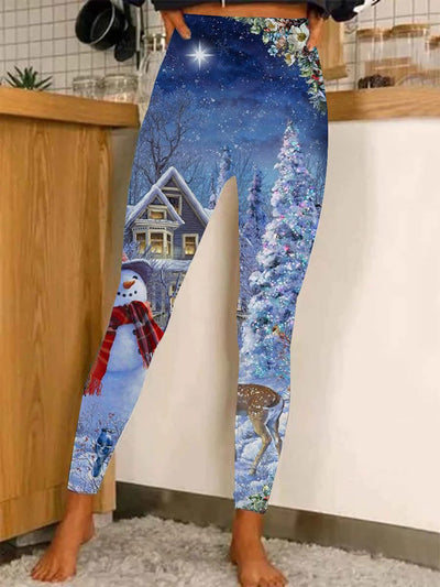 Women's Christmas Snowman Casual Stretch Pants Leggings