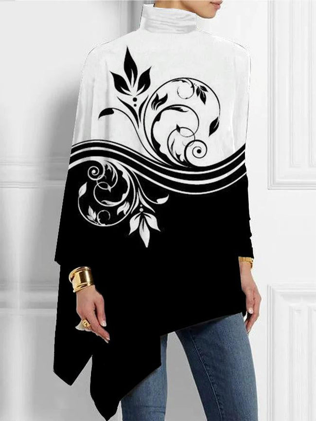 Women's Black&White Print Turtleneck Tunic Tops
