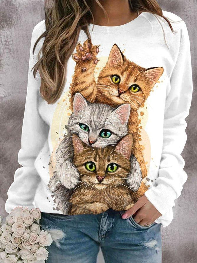 Women's Cat Sequin Print Round Neck Long Sleeve Top
