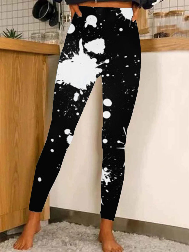 Women's Black and White Paint Splatter  Casual Stretch Pants Leggings