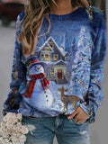 Womens Christmas Snowman Crewneck Long Sleeve Sweatshirts
