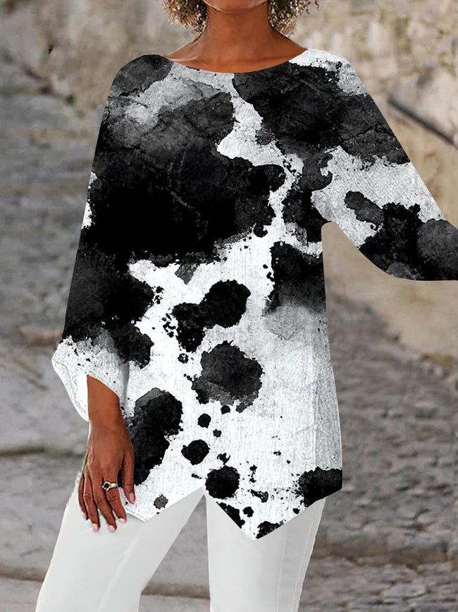 Women's Black and White Paint Splatter Print Blouses Tops