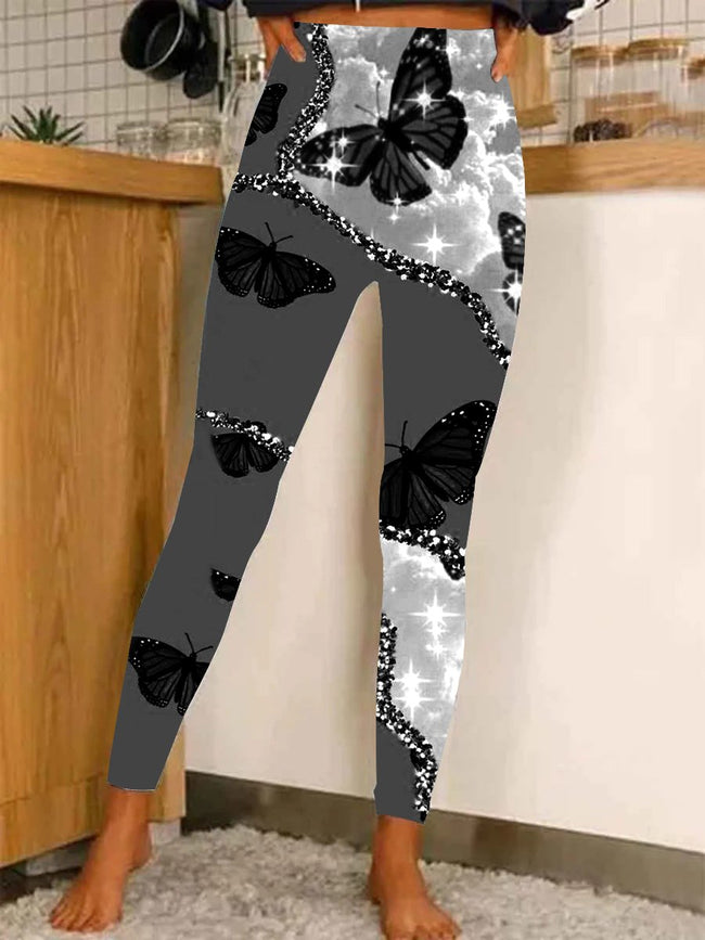 Women's Shiny  retro Butterfly Print Stretch Leggings