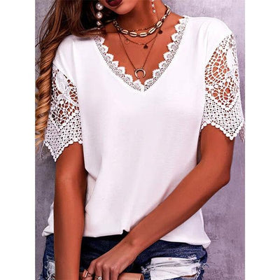Women's  Lace stitching loose V-neck short-sleeved TOP