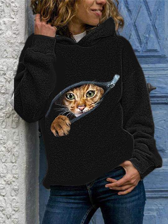 Women's Cat Print Loose Hooded Sweatshirt