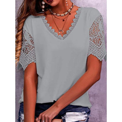 Women's  Lace stitching loose V-neck short-sleeved TOP