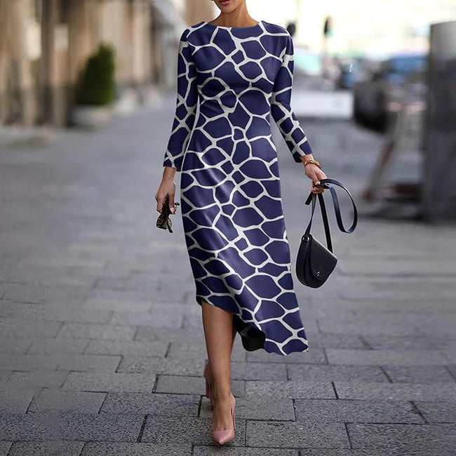 Women'S Simple Printed Pattern Long-Sleeved Mid-Length Dress
