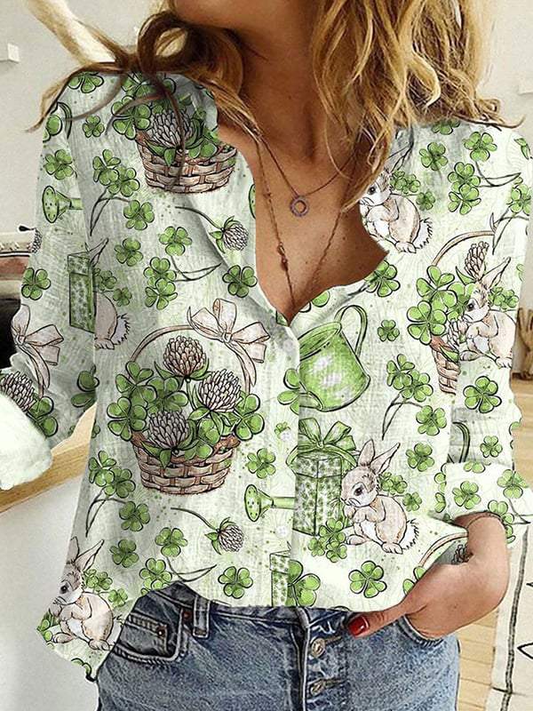 Women's Trefoil Print V-Neck Long Sleeve Top