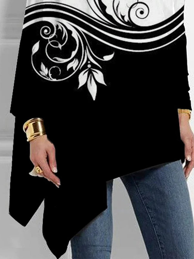 Women's Black&White Print Turtleneck Tunic Tops