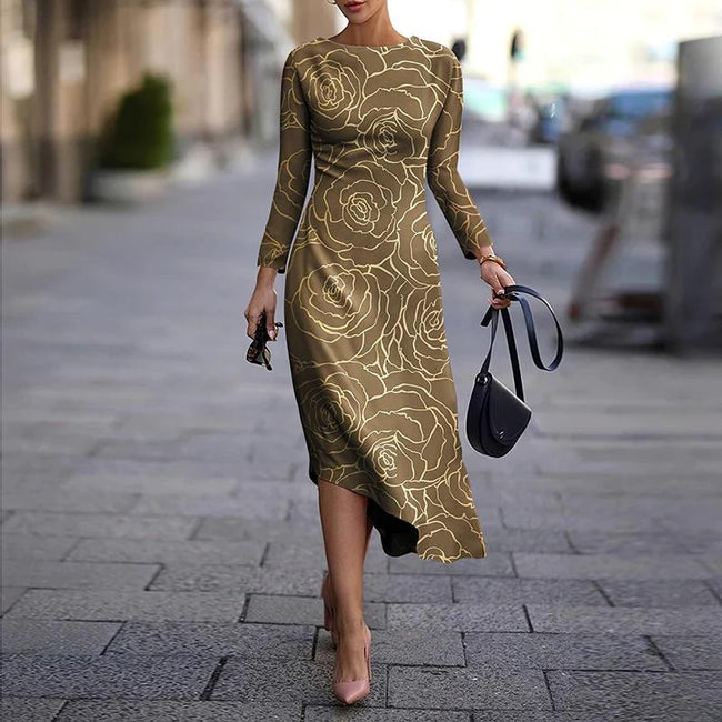 Women'S Simple Printed Pattern Long-Sleeved Mid-Length Dress
